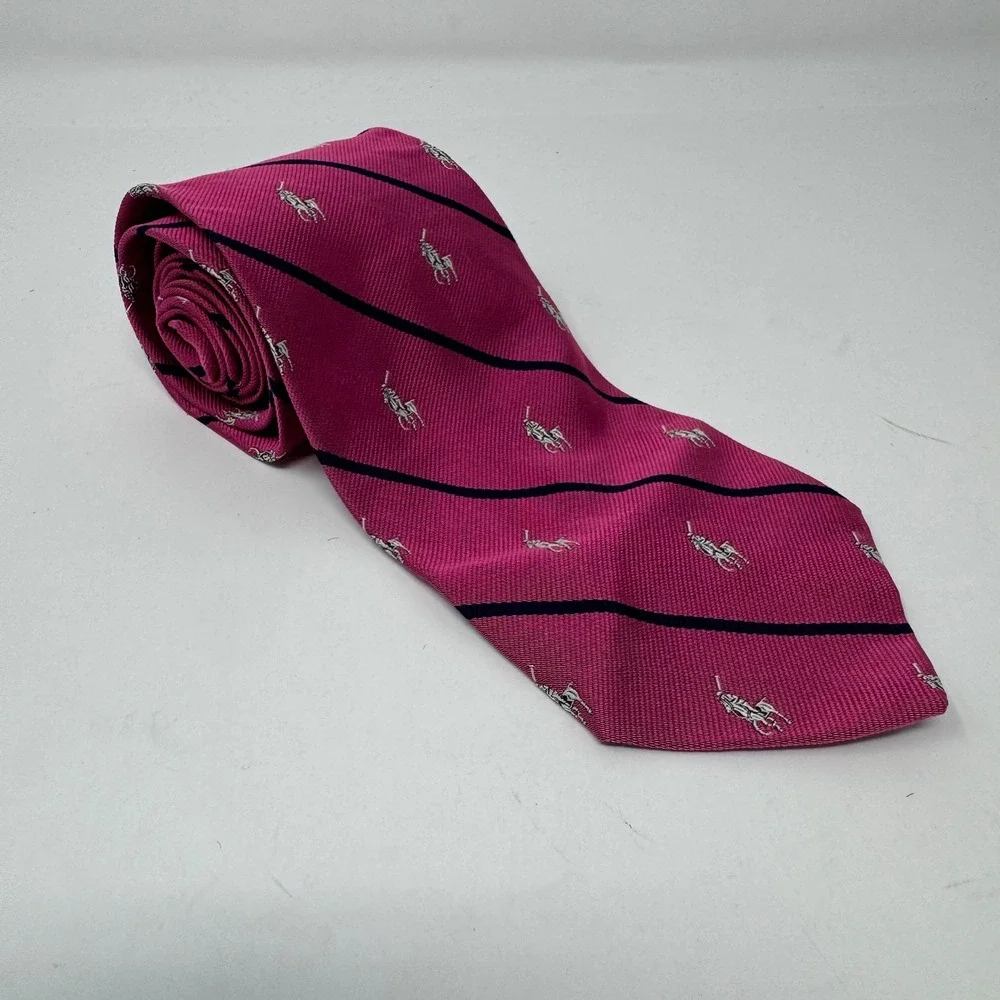 Polo Ralph Lauren Silk Tie Pink Navy Blue Stripe Pony Logo Hand Made Italy
